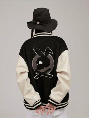 Donsmoke I Don't Smoke Bunny Skull Varsity Jacket Black White Colorblock Small